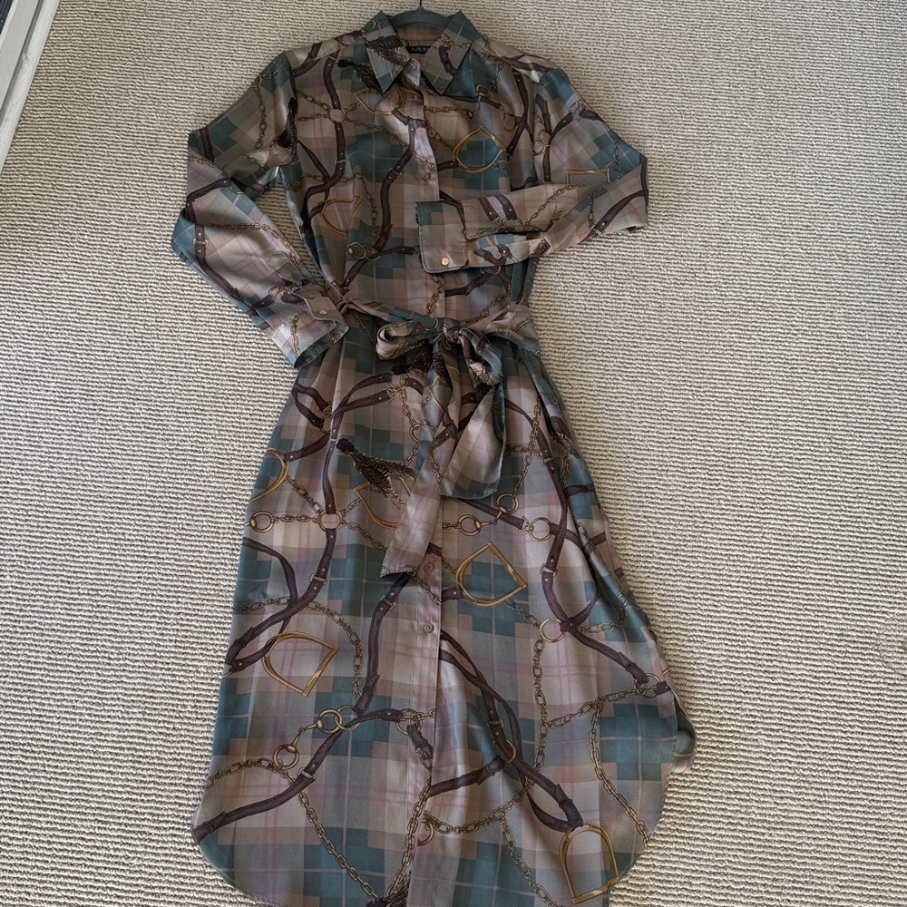 Ralph Lauren Women's Plaid Chain/feather Print Dress - Brown, gold and pink